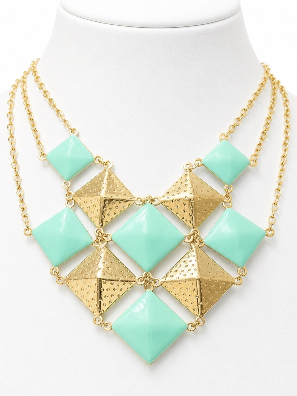 Mint Green Gold Tone Geometric Statement Bib Necklace Adjustable Modern Boho